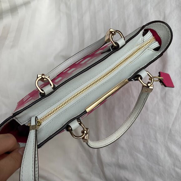 COACH | Madison Pink Check Gingham North-South Crossbody Leather Tote Handbag - Picture 10 of 16